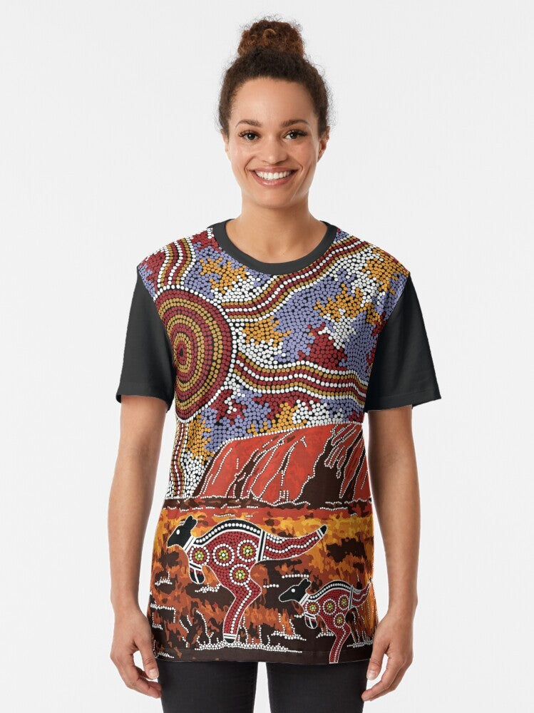 Authentic Uluru and Aboriginal Art Graphic T-Shirt with Kangaroo and Landscape Motif - Women