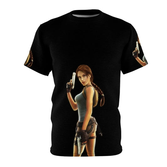 Silhouette of Lara Croft, the iconic tomb raider, against a bold background