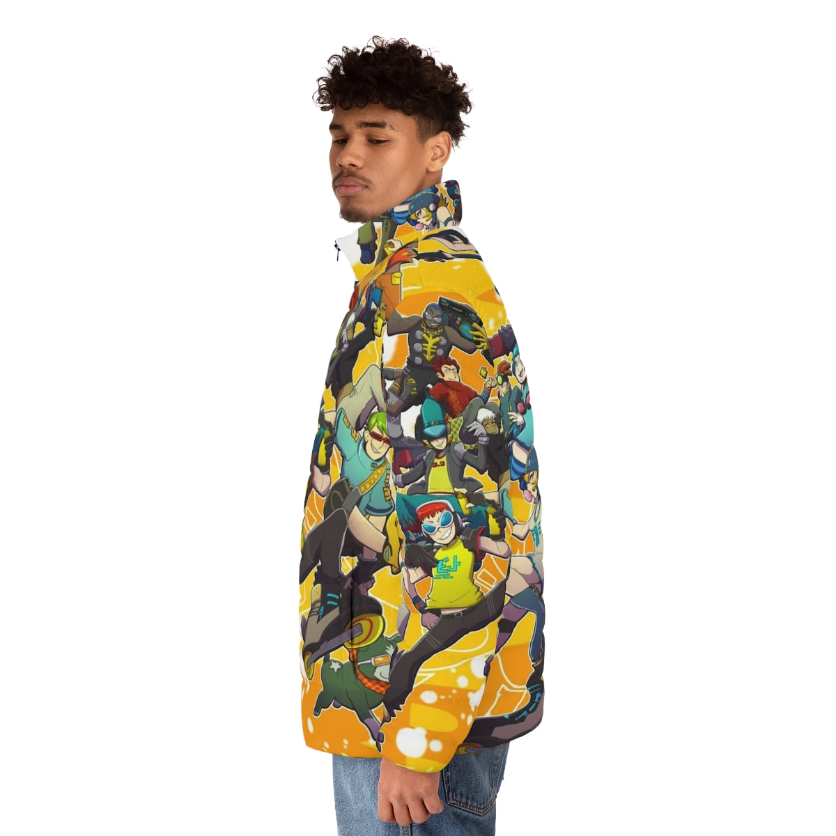 JSRF Puffer Jacket featuring graffiti-inspired streetwear design - men side left