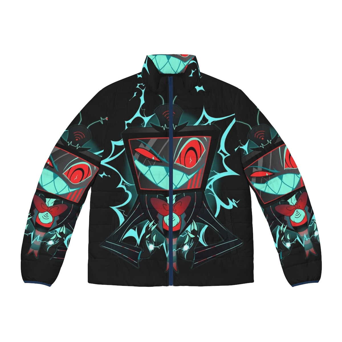 Vox Puffer Jacket - A striking blue electric puffer jacket inspired by the Hazbin Hotel villain