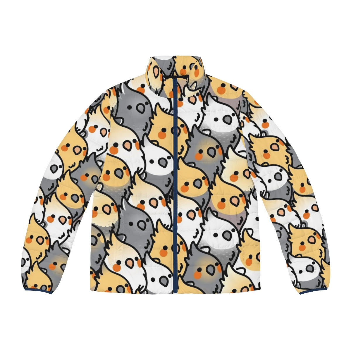 Colorful cockatiel puffer jacket with a fun party pattern