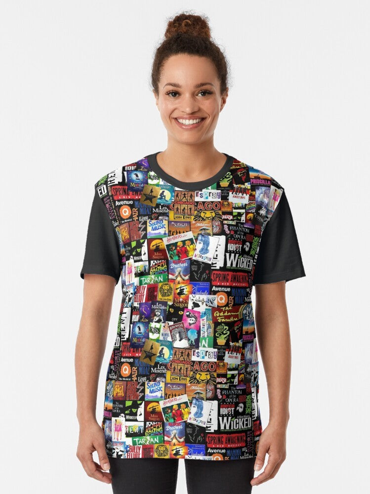 Musicals Collage II Graphic T-Shirt featuring a collage of musical theater elements - Women