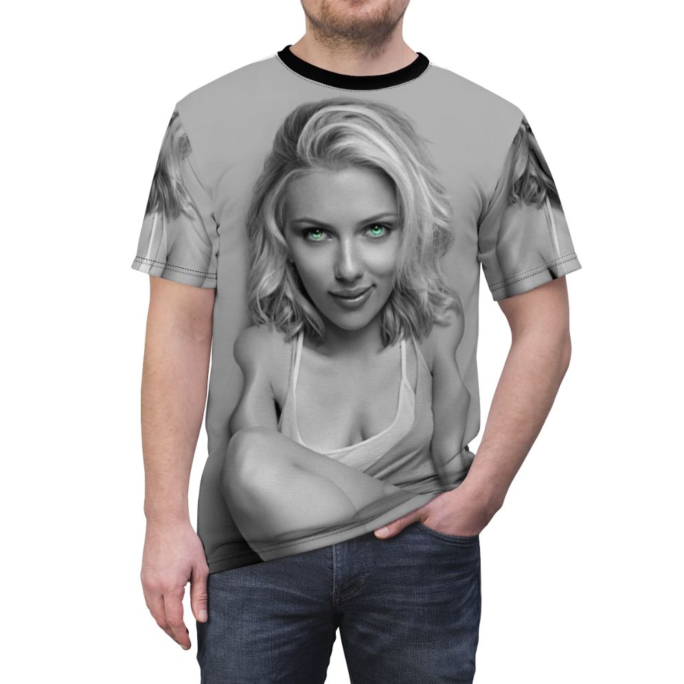 Scarlett Johansson inspired women's t-shirt with Black Widow graphic - men front