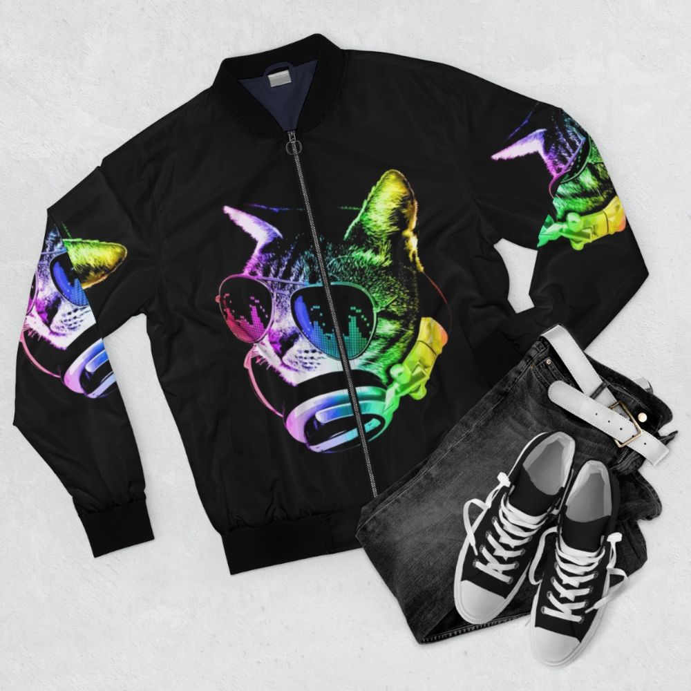 A bomber jacket with a graphic of a colorful, music-loving cat wearing headphones. - Flat lay