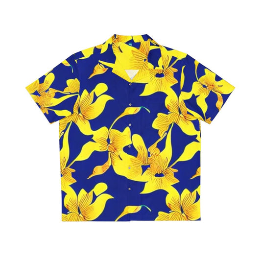 Blue Hawaiian shirt with abstract yellow floral pattern