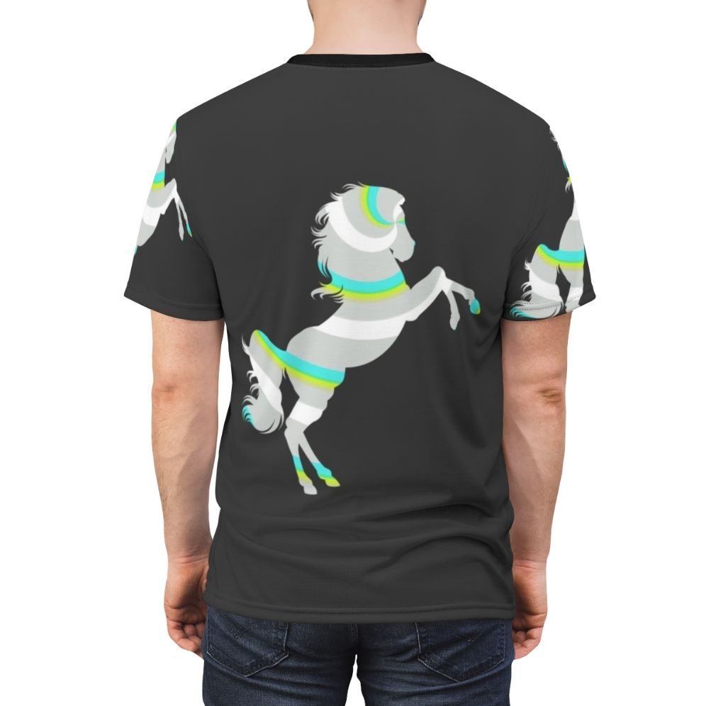 Colorful abstract t-shirt design featuring a horse and other legendary animals - men back