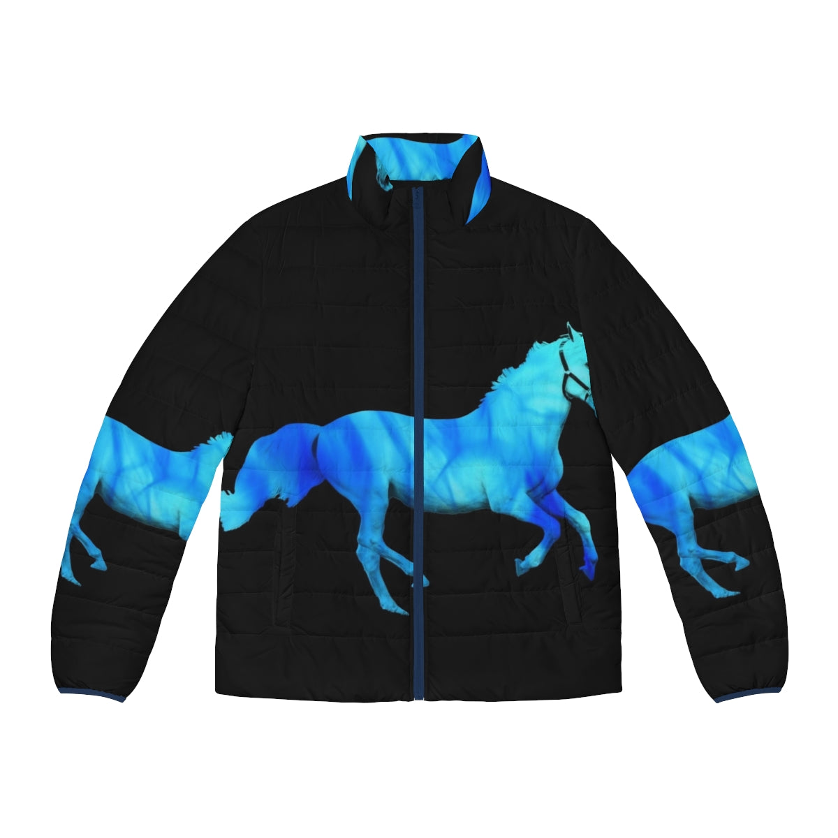 Flaming horse puffer jacket with a stallion graphic and vibrant blue color