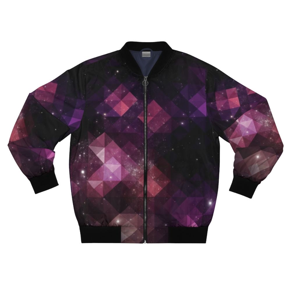 Cosmic Geometric Space Bomber Jacket with triangle and star pattern in pink, black, and purple colors