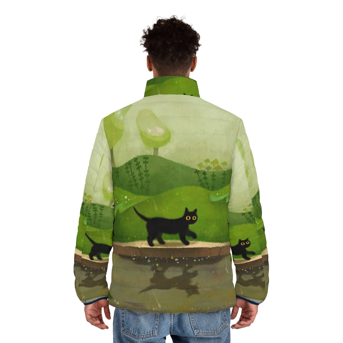 Kitty wearing a green puffer jacket on a rainy day - men back