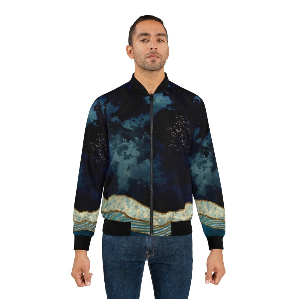 Indigo Sky Abstract Landscape Bomber Jacket with Nature, Mountains, and Galaxy Motifs - Lifestyle