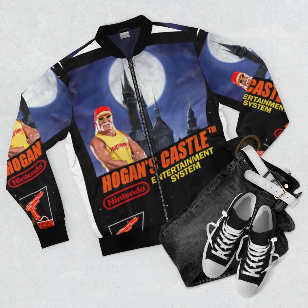 Hogan's Castle bomber jacket featuring video game dunkey graphics - Flat lay