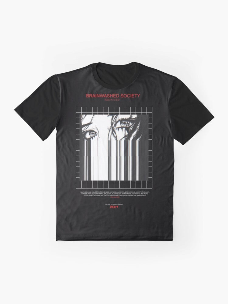 Brainwashed Society graphic t-shirt with glitch, anime, and vaporwave inspired design - Flat lay