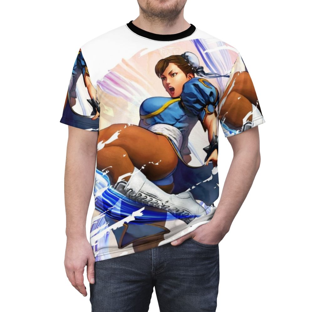 Artwork of the iconic Chun Li character from fighting games on a t-shirt - men front