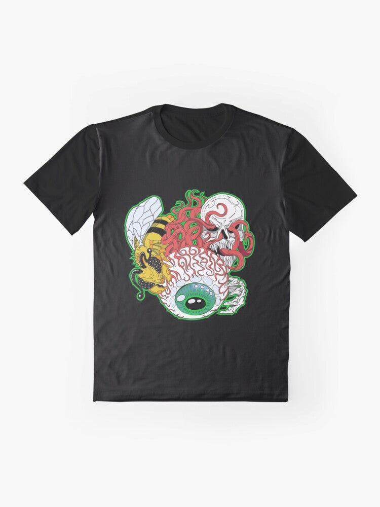 Terraria Eye of Cthulhu graphic t-shirt featuring a skull, skeleton, and bee design - Flat lay