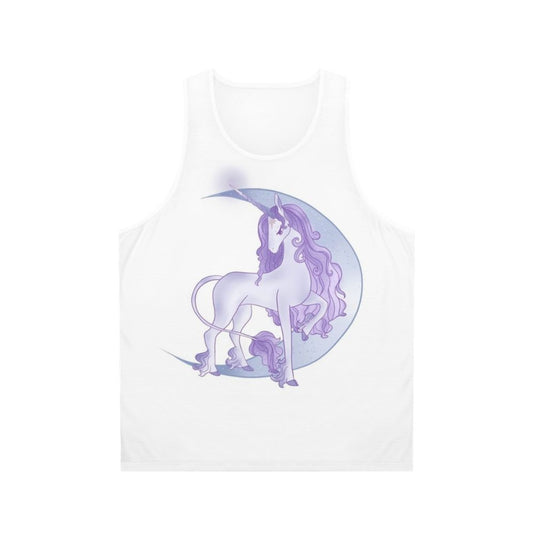 Unisex tank top featuring a magical white unicorn design with a crescent moon