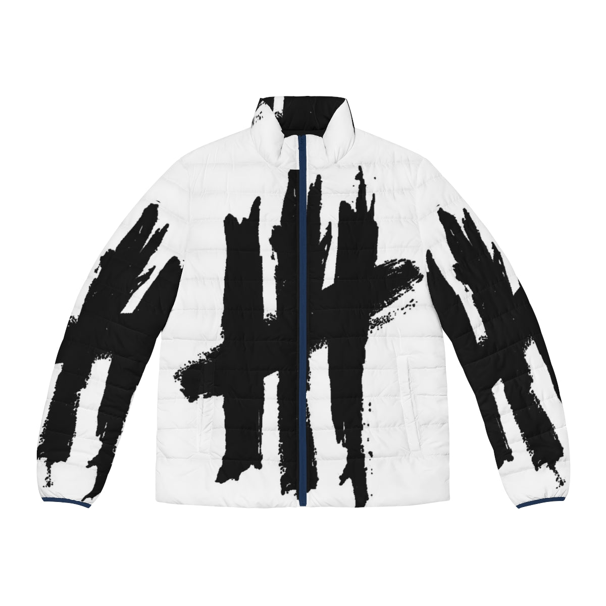 New Politics Puffer Jacket featuring a stylish black and white band logo design