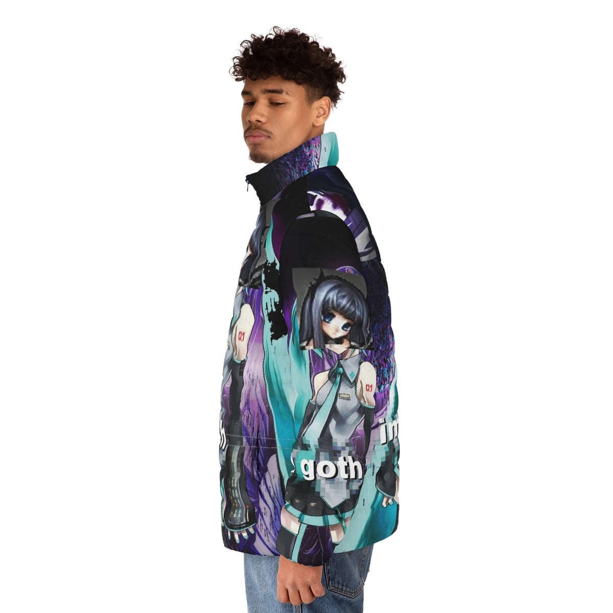 Goth-inspired puffer jacket with anime-style graphics and Omocat brand elements - men side left