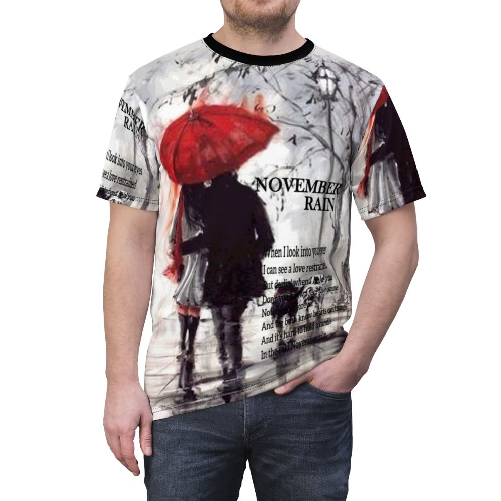 Autumn rain design t-shirt with city landscape and love umbrellas - men front