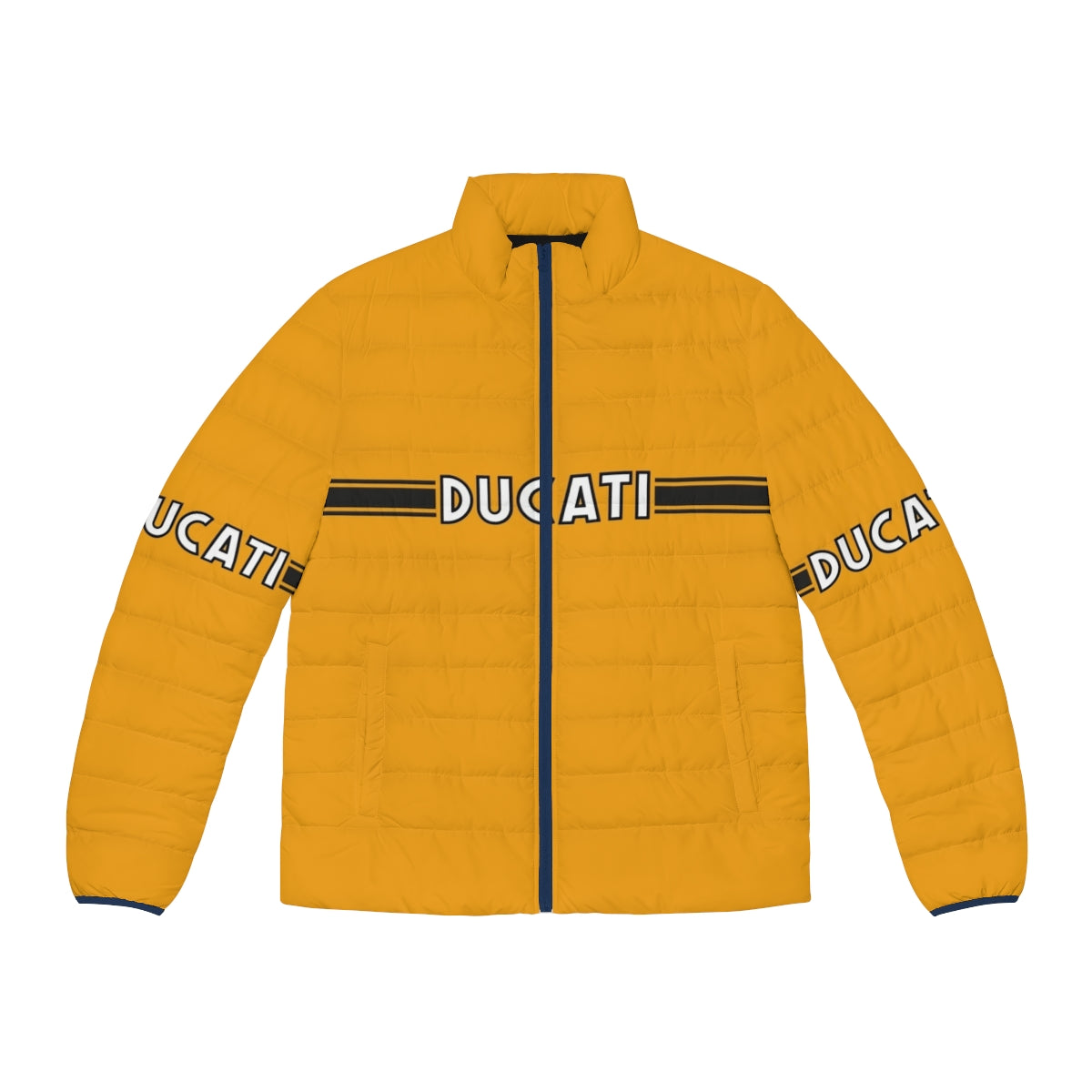 Retro 1970s Ducati graphic puffer jacket for vintage motorcycle enthusiasts