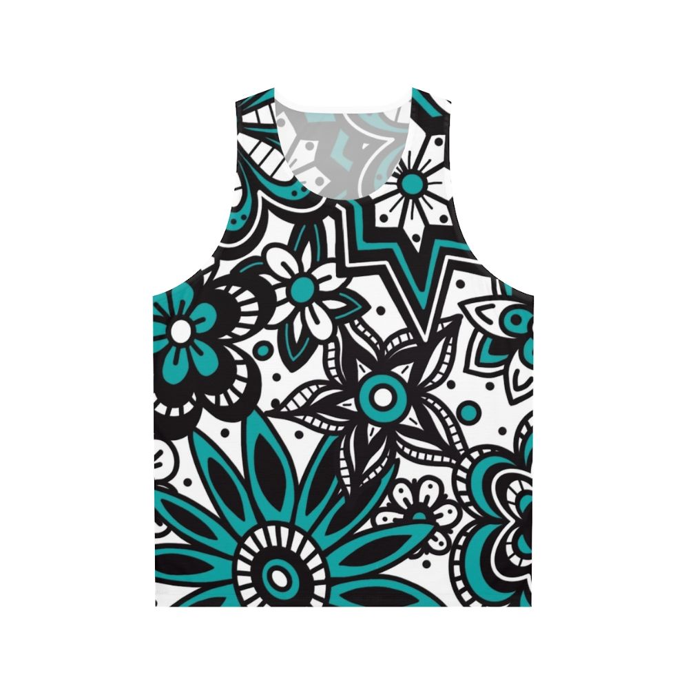 Teal and white floral print unisex tank top