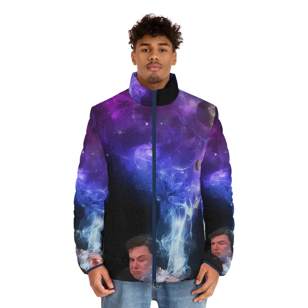 Elon Musk Puffer Jacket with a cosmic, space-themed design featuring smoking and the universe - men front