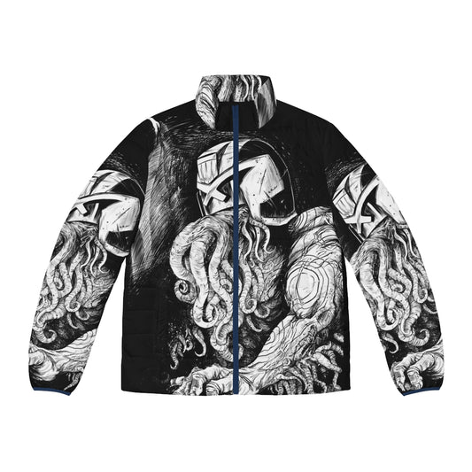 A puffer jacket featuring a fusion of Judge Dredd and Cthulhu, a sci-fi horror fanart design.