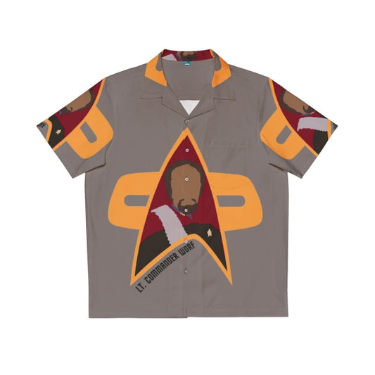 Lieutenant Commander Worf from Star Trek: Deep Space Nine wearing a Hawaiian shirt