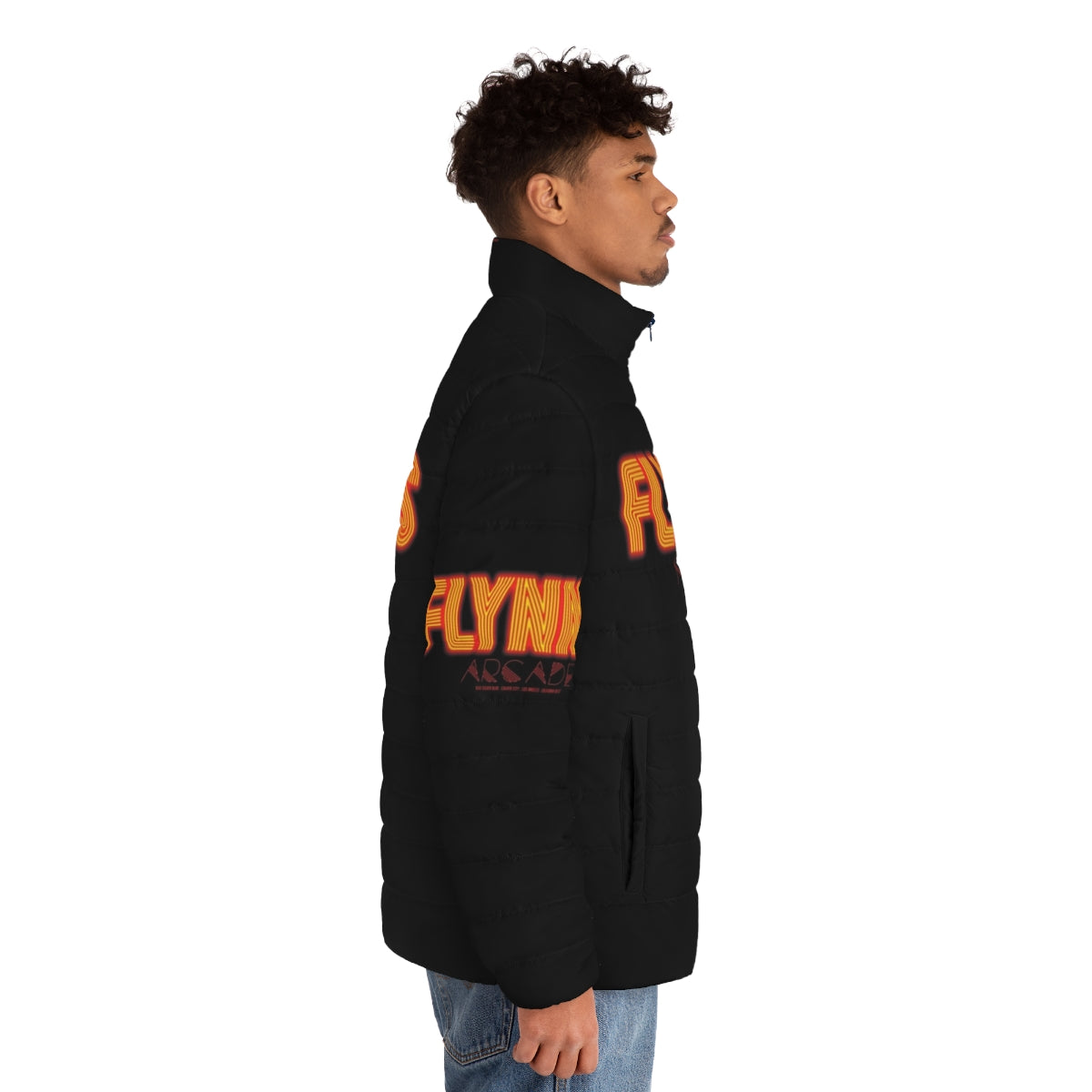 Tron Legacy inspired puffer jacket featuring Flynn's Arcade logo - men side right