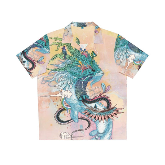 Colorful, psychedelic Hawaiian shirt with magical nature and journeying spirits design