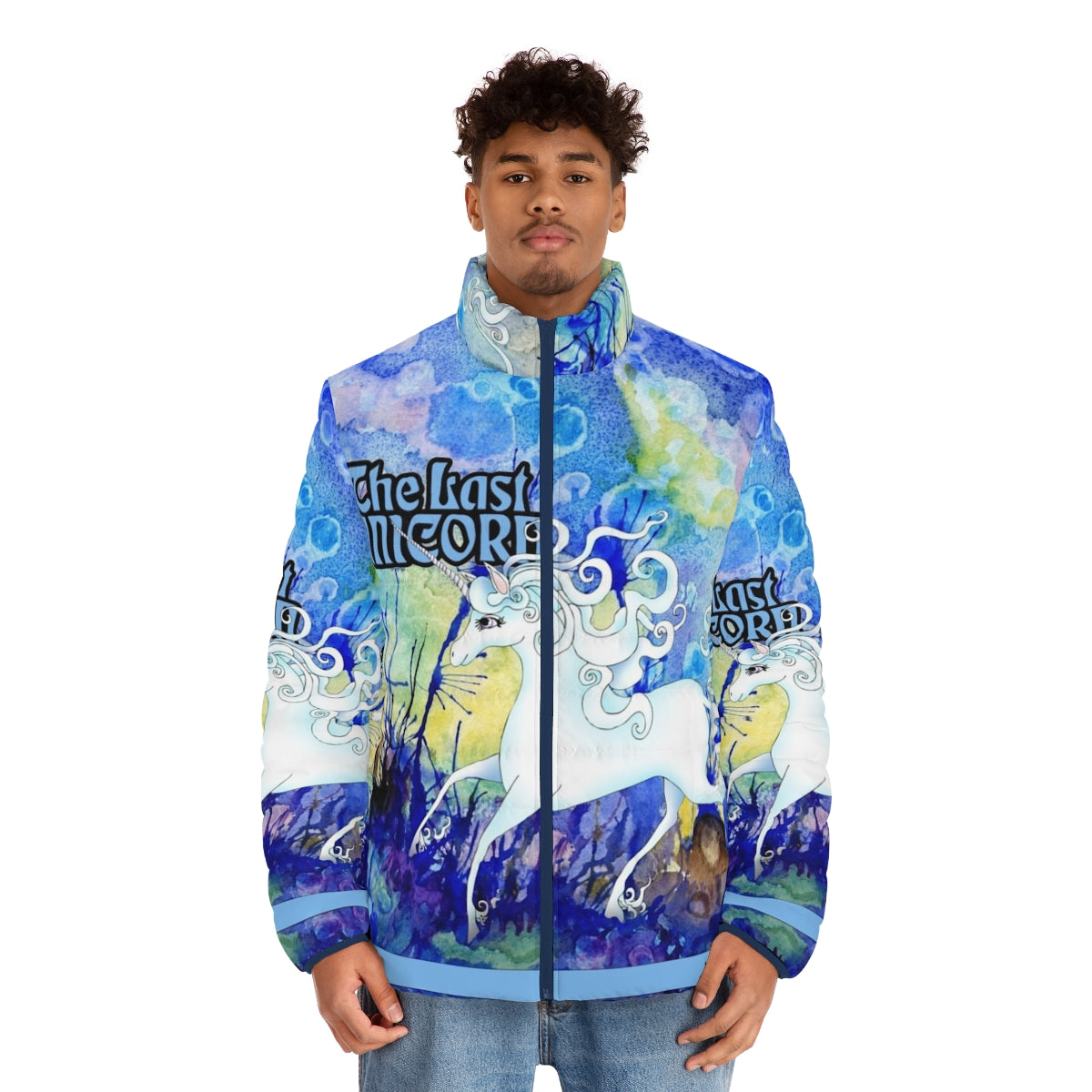 Model wearing a puffer jacket featuring a unicorn design, inspired by the classic fantasy tale 'The Last Unicorn' - men front