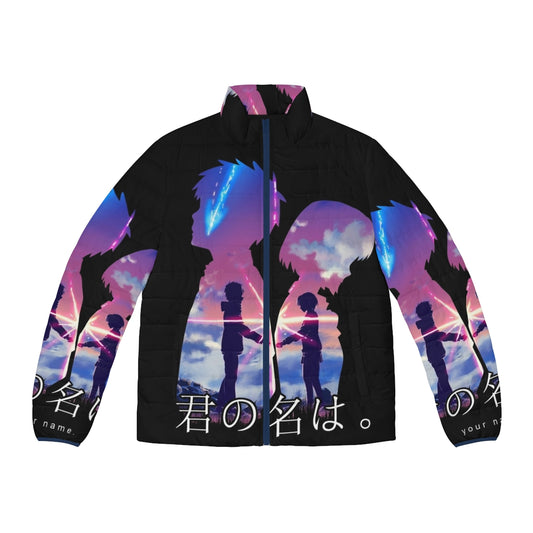 Your Name anime puffer jacket featuring characters Mitsuha and Taki