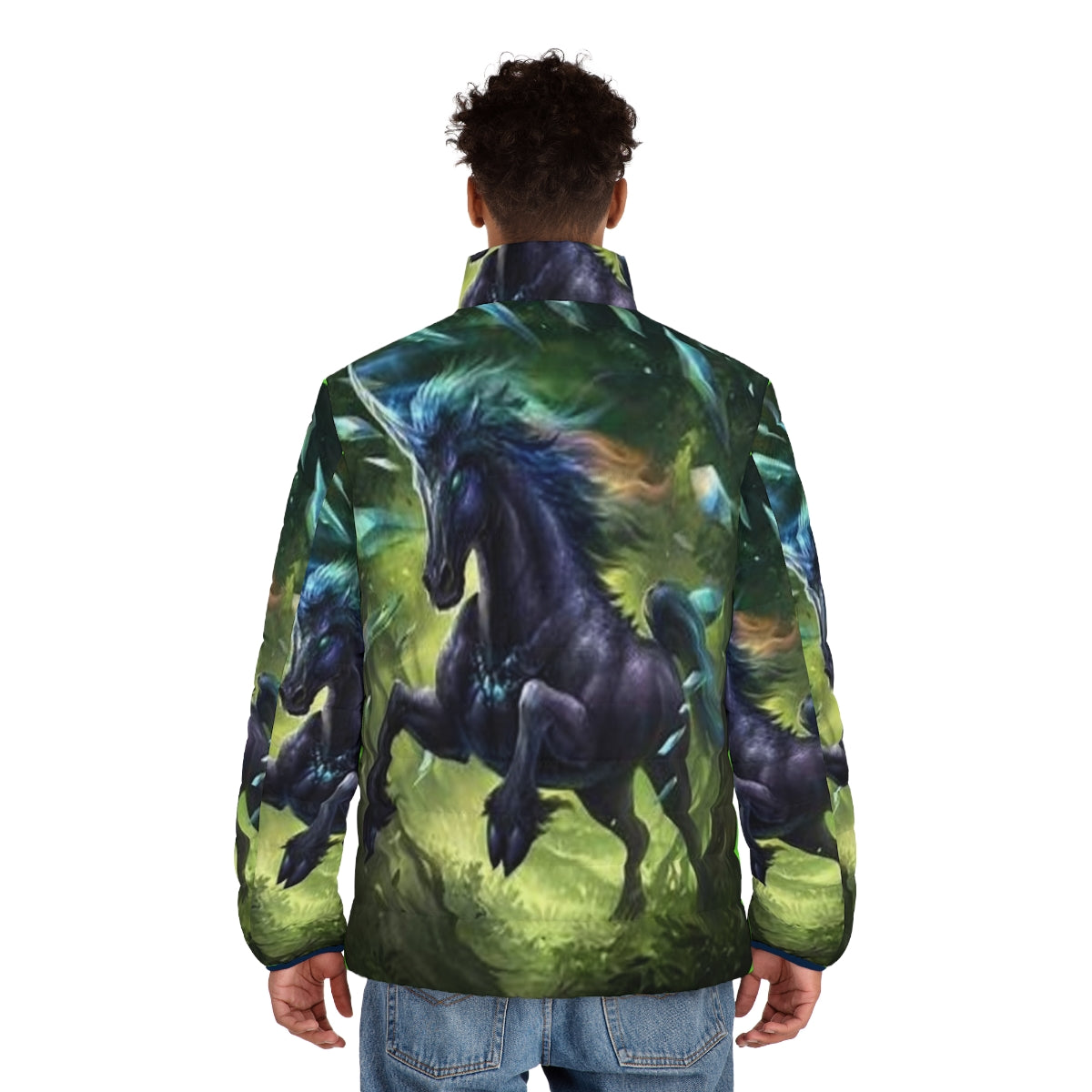 A black unicorn puffer jacket featuring a fantasy animal design - men back