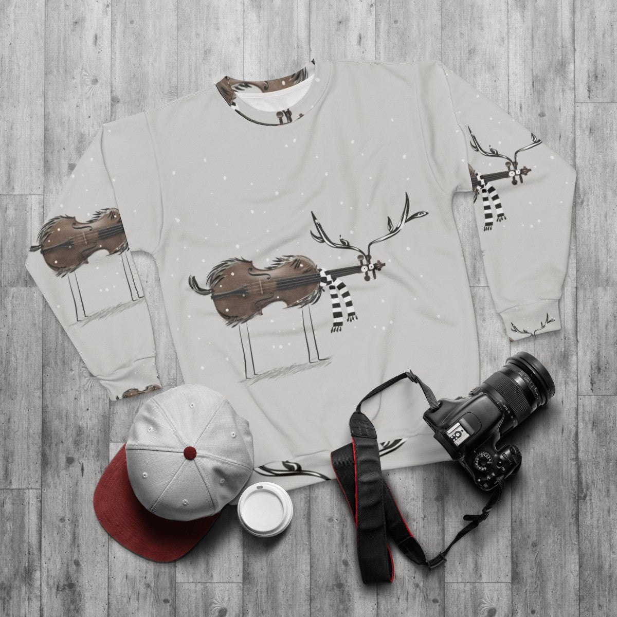 Christmas Violin Reindeer Sweatshirt for Musicians - flat lay