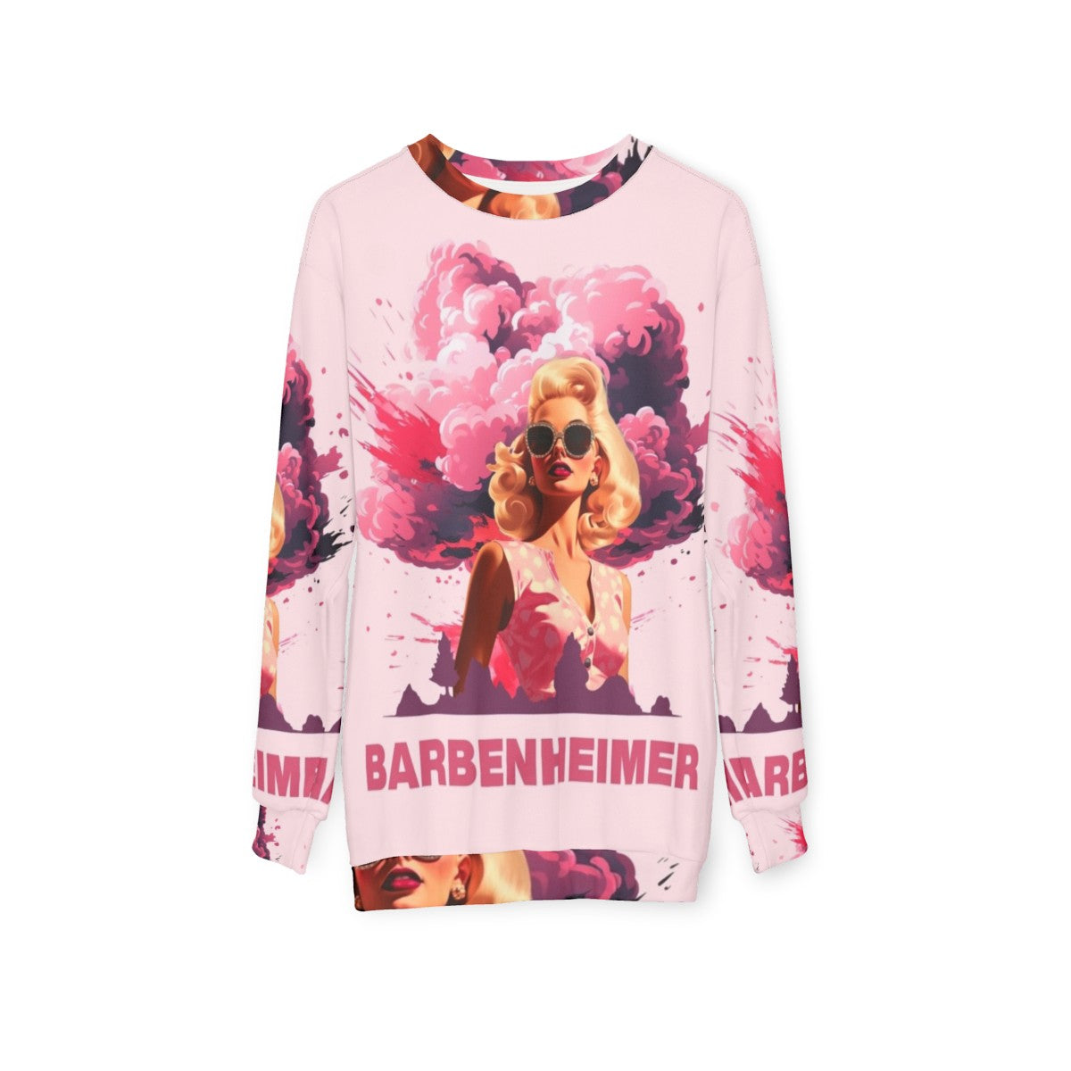 Barbenheimer 2023 Movie Sweatshirt with Barbie and Oppenheimer characters - hanging