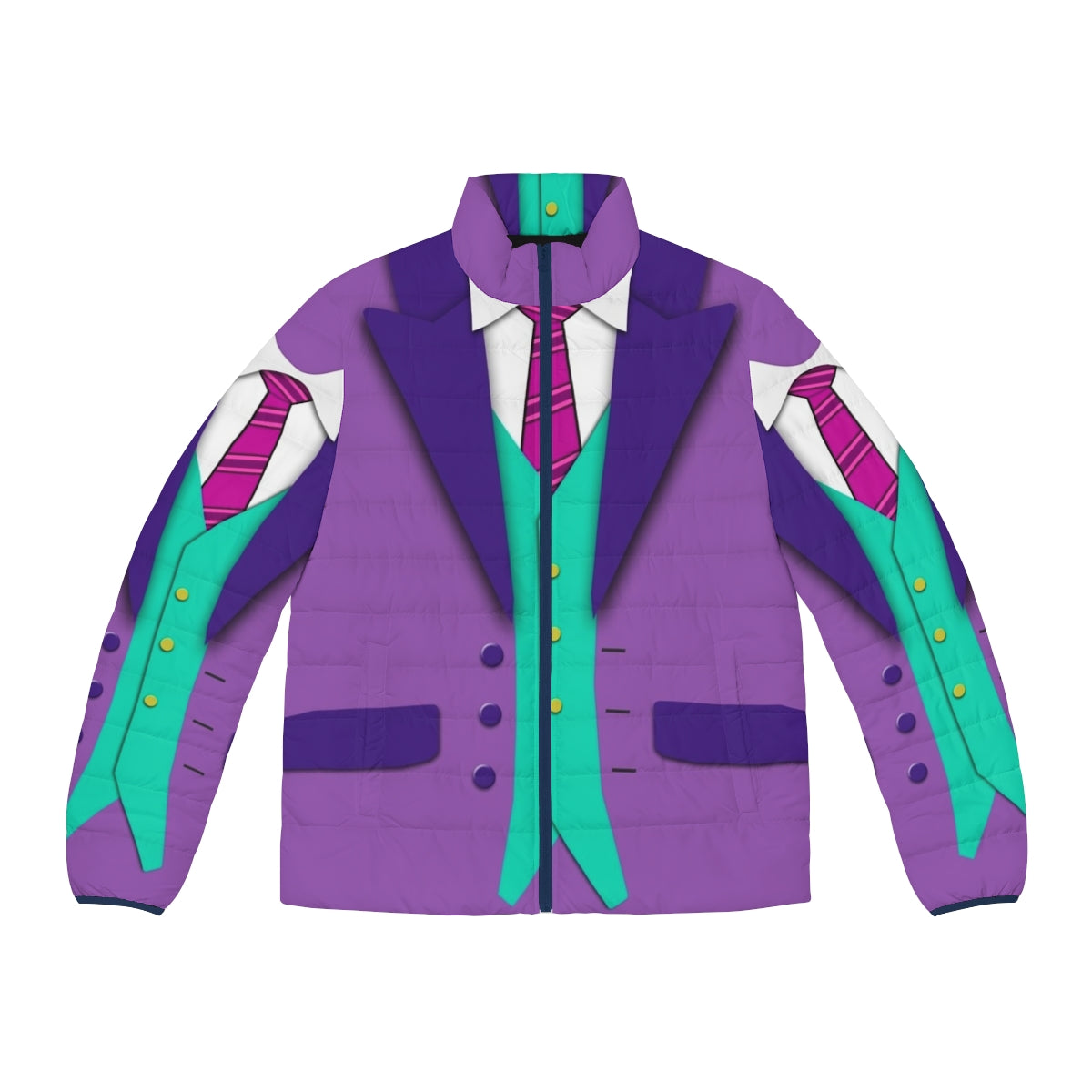 Colorful puffer jacket with suit, tie, and vest