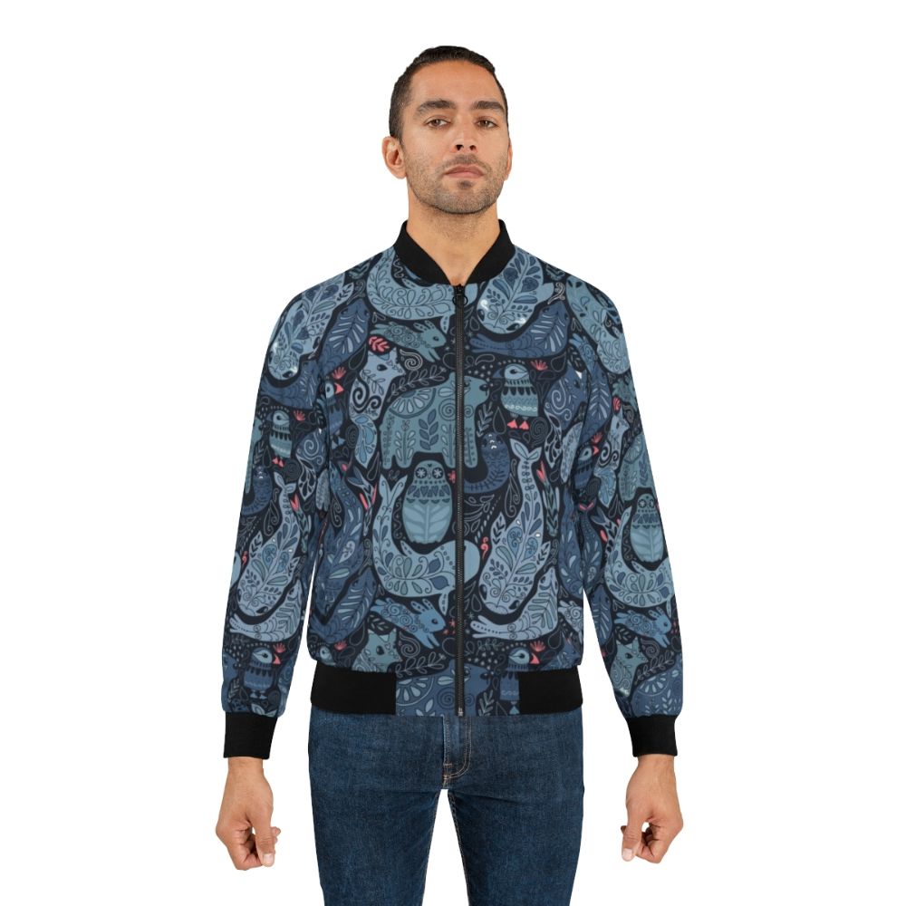 Bomber jacket with arctic animal designs including narwhal, polar bear, and seal - Lifestyle