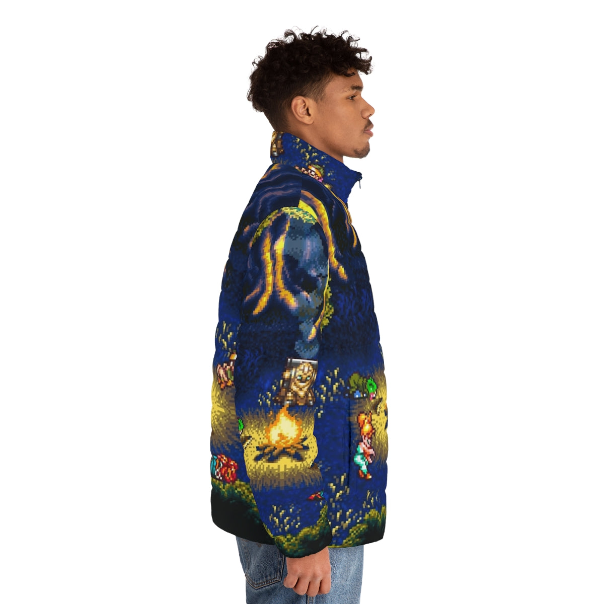 Chrono Trigger inspired retro pixel art puffer jacket - men side right