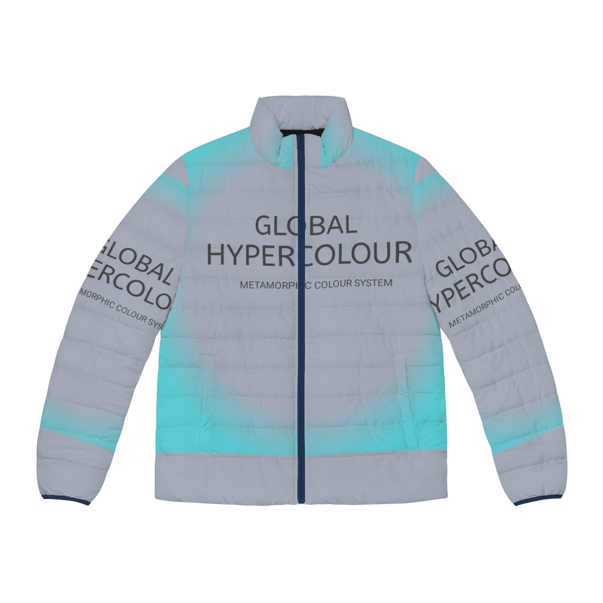 Colorful hypercolor puffer jacket with global design