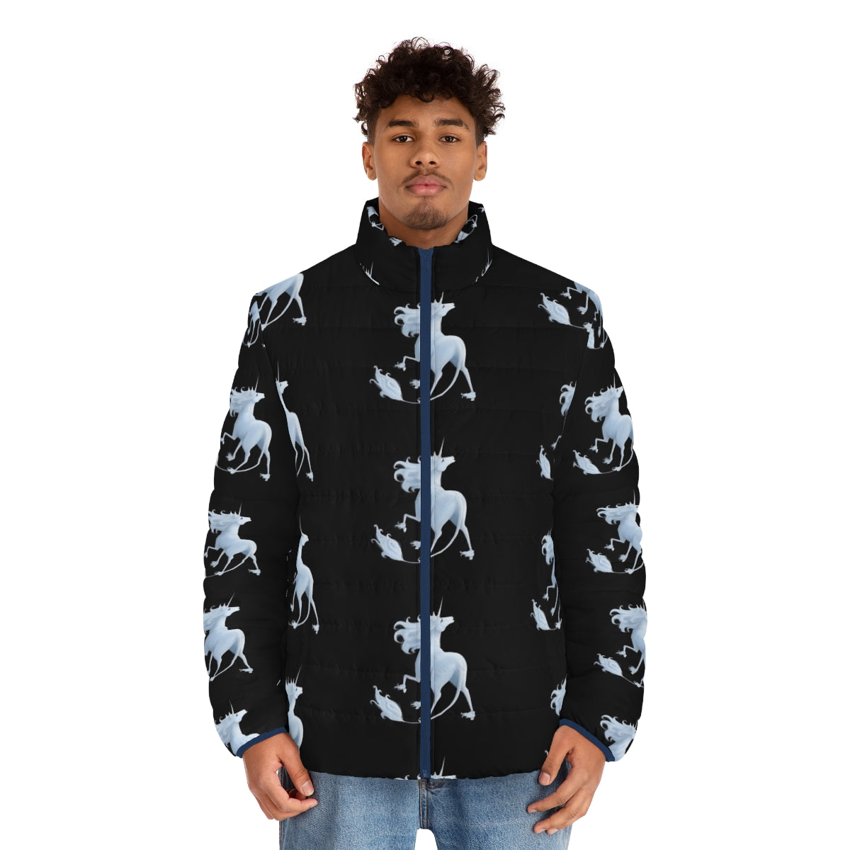 "The Last Unicorn" puffer jacket featuring dark, pastel, and gothic unicorn designs - men front