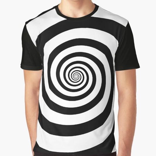 Black and white hypnotic spiral graphic t-shirt