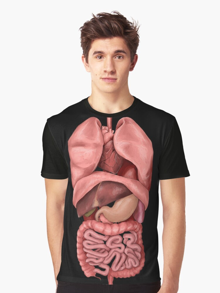 Graphic t-shirt featuring a watercolor-style illustration of the human internal organs, including the heart, lungs, digestive system, and lymphatic system. - Men