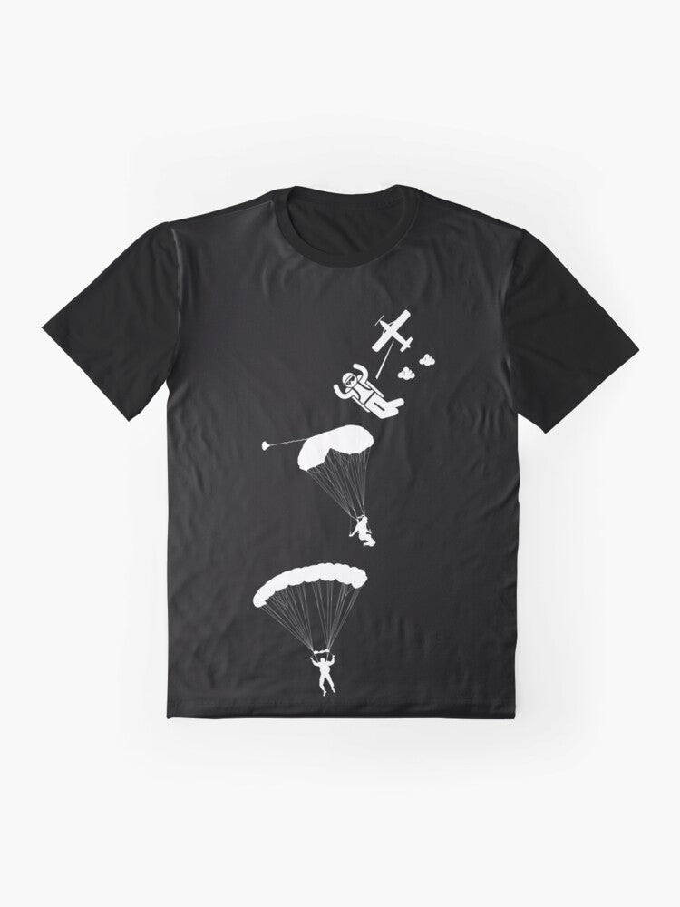 Skydiving graphic t-shirt featuring a bold design and text about the excitement of skydiving - Flat lay