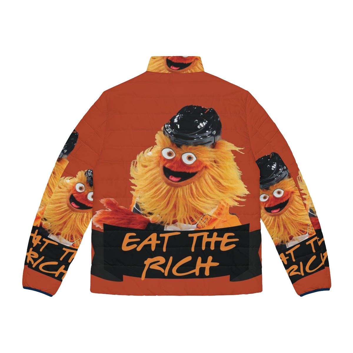 Gritty "Eat The Rich" puffer jacket featuring the Philadelphia Flyers mascot in a humorous, creepy, and unique design - Back