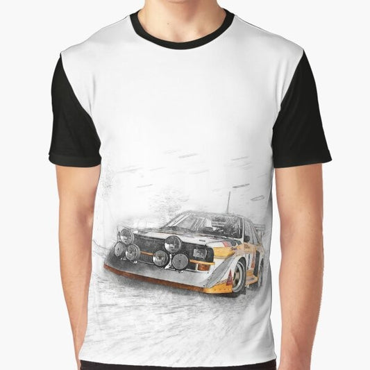 Graphic illustration of a rally car on a t-shirt with a painting effect