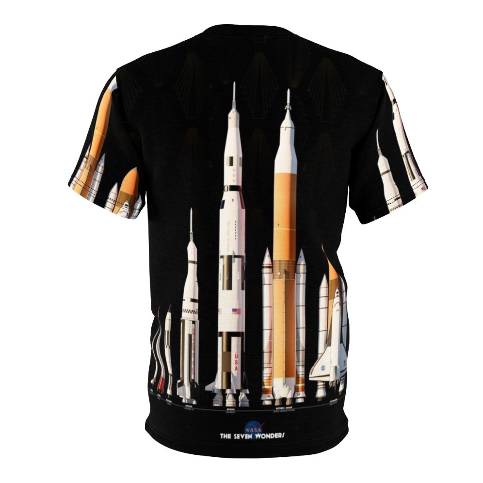 Black t-shirt with a graphic design featuring various NASA rockets and spacecraft on a dark background - Back