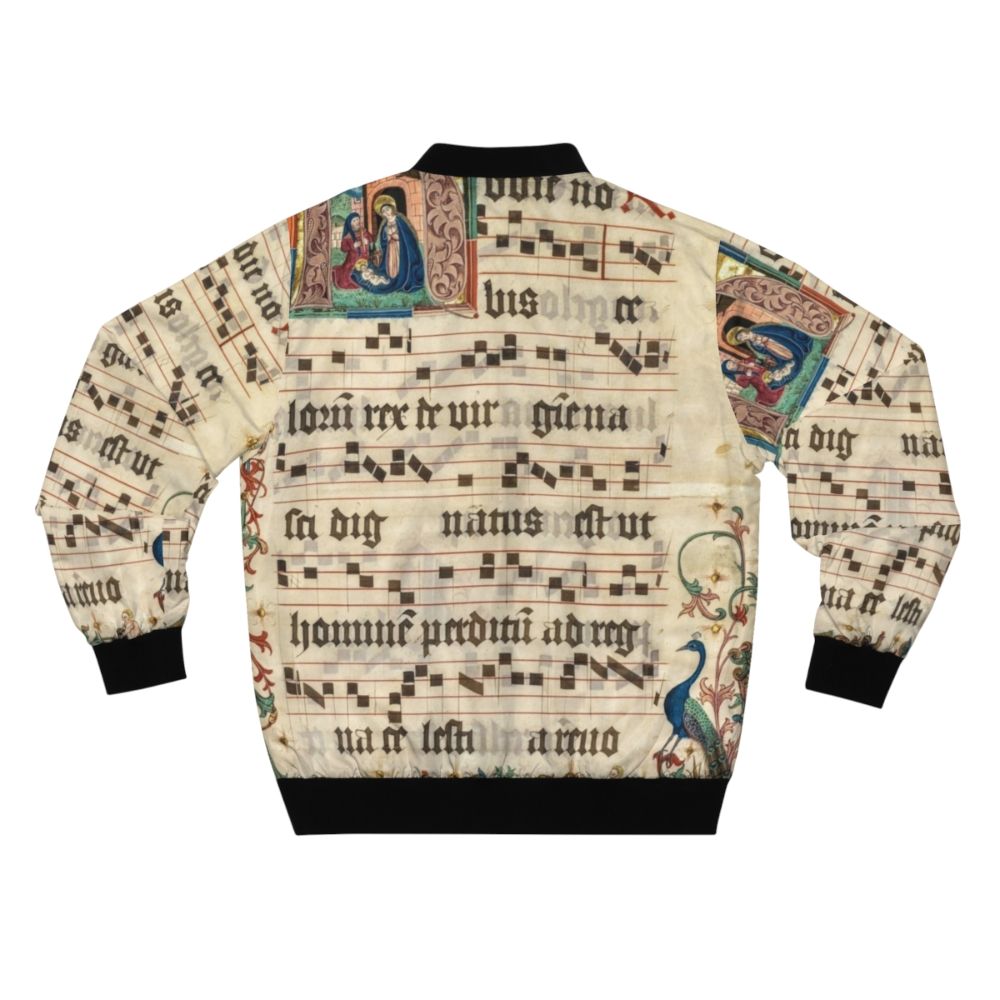 Bomber jacket featuring intricate medieval illuminated manuscript designs and religious imagery - Back