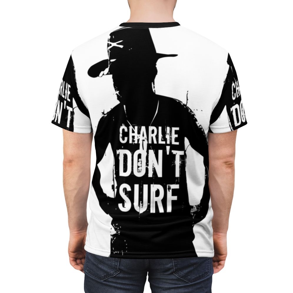 Vintage graphic t-shirt featuring the quote "Charlie Don't Surf" from the classic war movie Apocalypse Now - men back