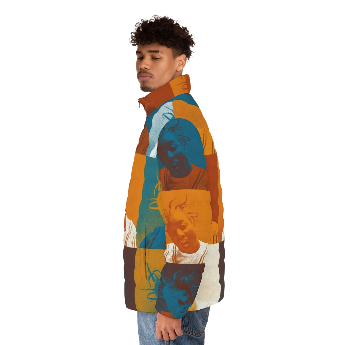 Ol Dirty Bastard Warhol Repeat Puffer Jacket featuring a halftone graphic design in orange and teal colors - men side left