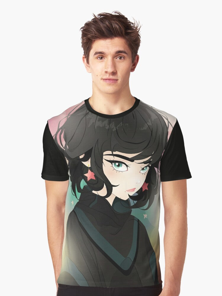 A fashionable star graphic t-shirt featuring a digital illustration of a Japanese woman with big eyes in an anime style. - Men