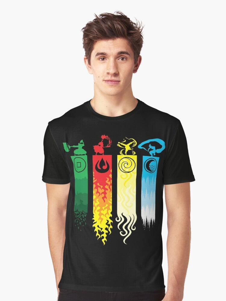 Avatar: The Legend of Aang Graphic T-Shirt featuring Aang and the four elements of water, fire, air, and earth. - Men